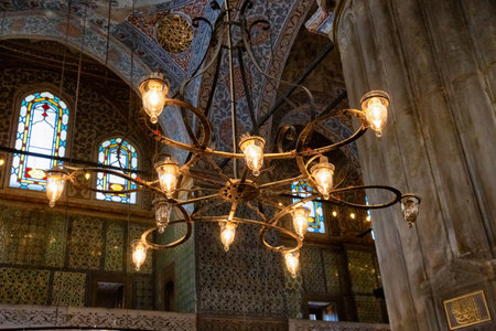 ISTANBUL, TURKEY - JULY 06, 2018: Old chandelier in the Blue Mosque (also known as the Sultan Ahmed Mosque). Is an Ottoman-era historical imperial mosque (was constructed between 1609 and 1616).のeditorial素材