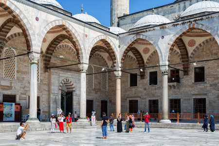 ISTANBUL, TURKEY - JULY 06, 2018: Courtyard in the Blue Mosque (also known as the Sultan Ahmed Mosque). Is an Ottoman-era historical imperial mosque (was constructed between 1609 and 1616).のeditorial素材