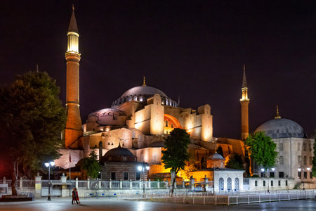 ISTANBUL, TURKEY - JULY 05, 2018: Night view of the Hagia Sophia (Holy Hagia Sophia Grand Mosque). In 1935, the secular Republic of Turkey established it as a museum. In 2020, it re-opened as a mosqueのeditorial素材