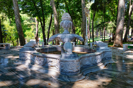 ISTANBUL, TURKEY - JULY 06, 2018: One of the fountains in the famous park Gulhane in the historical center of the Istanbul.のeditorial素材