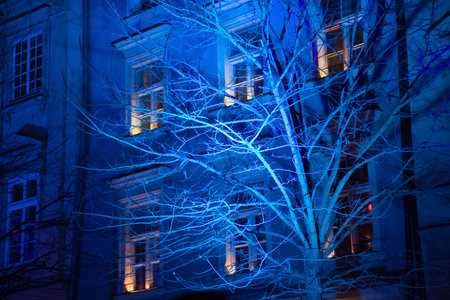 KRAKOW, POLAND - JANUARY 01, 2015: Blue night lights of the Krakow buildings during the holidays.のeditorial素材