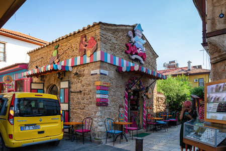 ANTALYA, TURKEY - JULY 08, 2018: View of the candy shop Justa Candy in the one of the old ancient building of Kaleici. It is popular old historical quarter in Antalya. Turkey.のeditorial素材