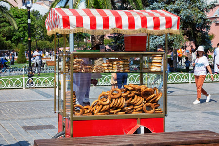 ISTANBUL, TURKEY - JULY 06, 2018: Street cart with bagels and pastries in the historical center of the Istanbul.のeditorial素材