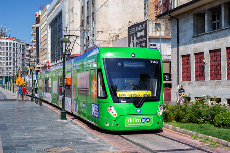 ANTALYA, TURKEY - JULY 08, 2018: View of the green modern tram in the center of Antalya.のeditorial素材