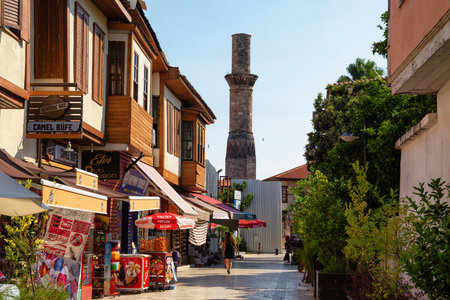ANTALYA, TURKEY - JULY 08, 2018: The Kesik Minare Cami (Broken Minaret). Was built as a Roman temple in the 2nd c. AD. In the 7th c., it was Byzantine church. The minaret was added in the 13th c.のeditorial素材
