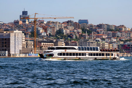 ISTANBUL, TURKEY - JULY 05, 2018: View of the Istanbul landscape with the cruise vessels on the Golden Horn bay.のeditorial素材