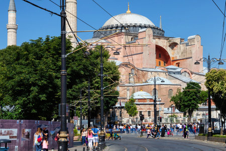 ISTANBUL, TURKEY - JULY 06, 2018: View of the Hagia Sophia Grand Mosque. Was a Greek Orthodox church from 360 AD untill 1453. Then it was a mosque, and since 1935 - a museum. From 2020 again a mosque.のeditorial素材