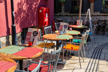 ANTALYA, TURKEY - JULY 08, 2018: One of the open air cafes in Kaleici (it is popular old historical quarter in Antalya).のeditorial素材