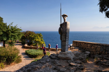 ANTALYA, TURKEY - JULY 08, 2018: Statue of Don Quixote on the shores of the Mediterranean Sea in KaleiÃ§i (historical district of Antalya known as Kaleici).のeditorial素材