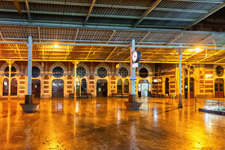 ISTANBUL, TURKEY - JULY 05, 2018: Night view of the Sirkeci railway station platform. Built in 1890 by the Oriental Railway as the eastern terminus of the world-famous Orient Express.のeditorial素材