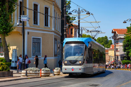 ISTANBUL, TURKEY - JULY 06, 2018: View of the modern Bombardier Flexity Swift A32 tram in the center of the Istanbul.のeditorial素材