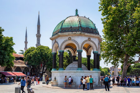 ISTANBUL, TURKEY - JULY 05, 2018: View of the The German Fountain. It was built in honor of the second anniversary of the German Emperor Wilhelm II visit to Istanbul in 1898. It was built in Germany.のeditorial素材