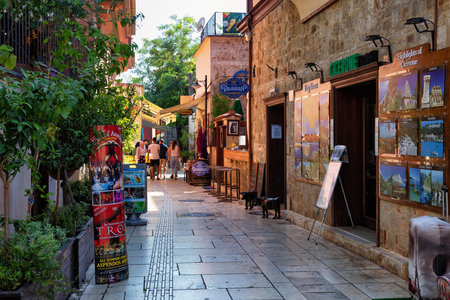 ANTALYA, TURKEY - JULY 08, 2018: View of the ancient narrow streets of Kaleici. It is popular old historical quarter in Antalya.のeditorial素材