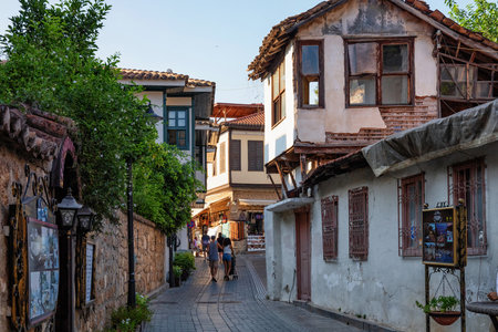 ANTALYA, TURKEY - JULY 08, 2018: View of the ancient narrow streets of Kaleici. It is popular old historical quarter in Antalya.のeditorial素材