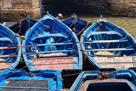 Famous fishing wooden blue boats of the Essaouira. Morocco.の写真素材