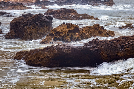View of the Atlantic Ocean coast in the area of Essaouira in Morocco.の写真素材
