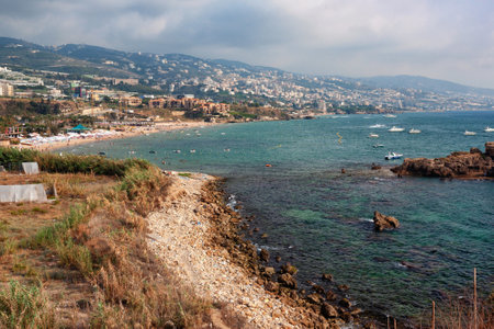 BYBLOS, LEBANON - AUGUST 15, 2014: View of the beach in the city of Byblos. The city located on the Mediterranean sea coast.のeditorial素材
