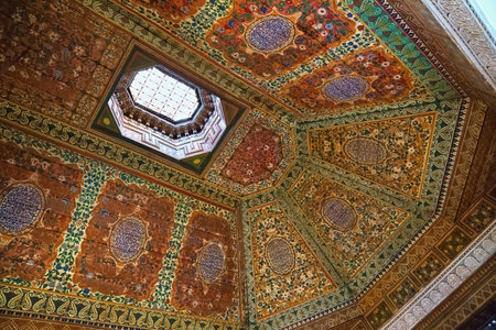 MARRAKESH, MOROCCO - JUNE 05, 2017: Decorated ceiling in the Bahia Palace. Is a late 19th century palace in Marrakesh. Today it is a well-known historic monument and tourist attraction in the cityのeditorial素材
