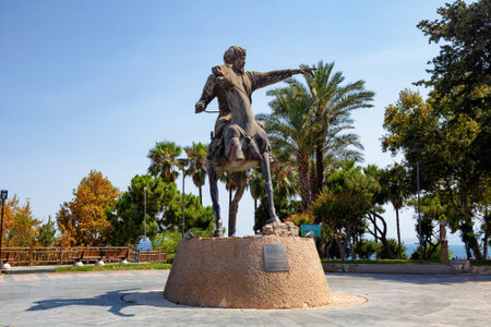 ANTALYA, TURKEY - JULY 07, 2018: Statue of Kaykhusraw I in Antalya (sculpted by Meret Owezov). He was the youngest son of Kilij Arslan II, was Seljuk Sultan of Rum. He ruled it 1192â1196 and 1205â1211.のeditorial素材