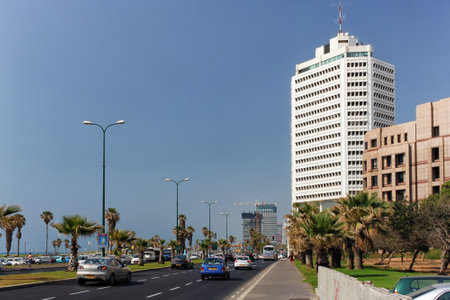 TEL AVIV, ISRAEL - MAY 06, 2013: View of the road and modern buildings in the center of Tel Aviv.のeditorial素材