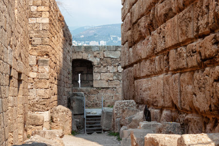 View of the stone walls of the old ancient crusader castle in the historic city of Byblos. The city is a UNESCO World Heritage Site. Lebanon.のeditorial素材