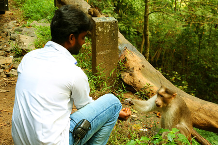 Young man feeding a monkey