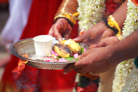 Indian Wedding Ritual Welcome, Closeup hand.の写真素材