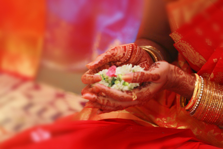 Indian wedding ceremony traditions and rituals with colorful lights. beautiful sariの写真素材