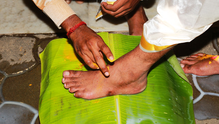 South Indian Hindu Wedding tradition, Bridal Legs and Hands Ceremonialの写真素材