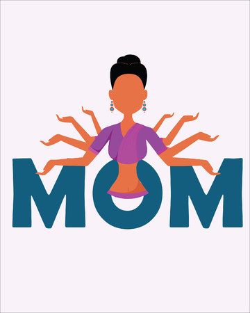 Illustration for Beautiful brunette mother multitasking with working arms doing different actions - Vector - Royalty Free Image