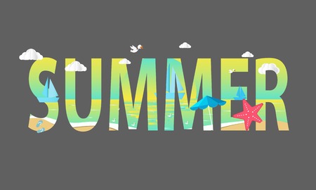 Summer text vector banner design with colorful tropical beach elements background