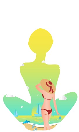 Hello Summer. Abstract girl wearing swimsuit and big hat, standing on the beach.のイラスト素材