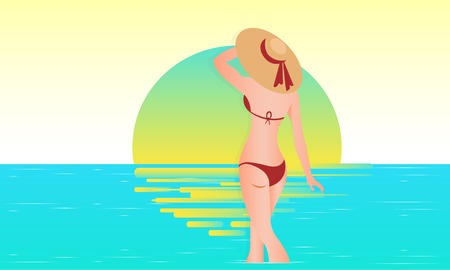 Hello Summer. Young girl wearing swimsuit and big hat, standing on the beach. Sea background.のイラスト素材