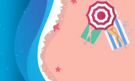 top view beach background with umbrellas,balls and sea.のイラスト素材