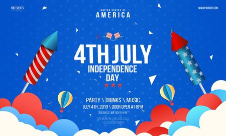 independence day flyer party with confetti, stars, rocketsのイラスト素材