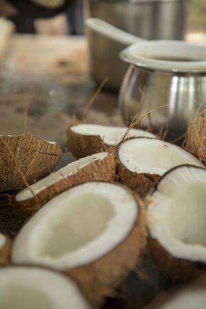 Closeup Pile of coconuts on background,の写真素材