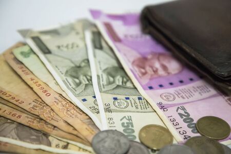 finance concept - Indian currency bank notes of 5, 10, 500 and 2000 rupees