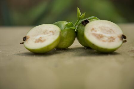 guava fruit and slice on nature background. guava fruit top view nature background.の写真素材