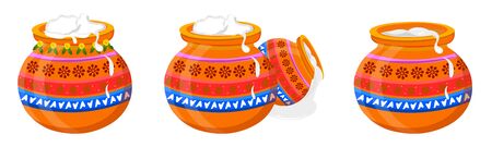 Set of Traditional Pongal mud pot decorated with flowers isolated on whiteのイラスト素材