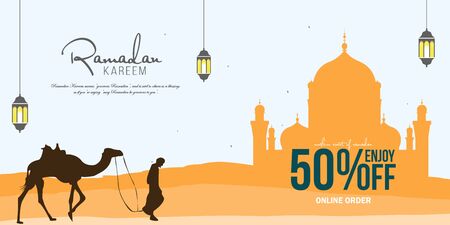 Ramadan Sale, web header or banner design with islamic lanterns and flat 50% off offers backgroundsのイラスト素材