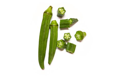 fresh okra isolated on white backgroundsの写真素材