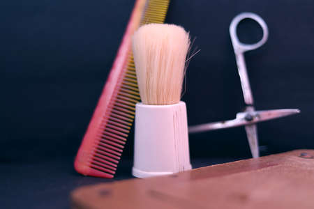 Set of professional hairdresser's tools background, flat lay.
