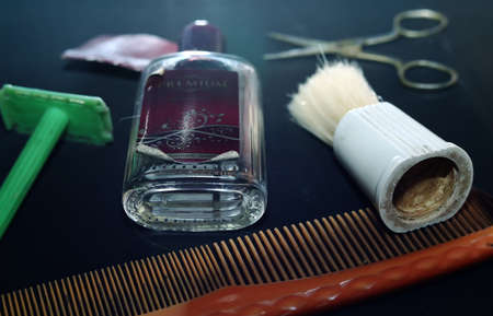 Set of professional hairdresser's tools background, flat lay.