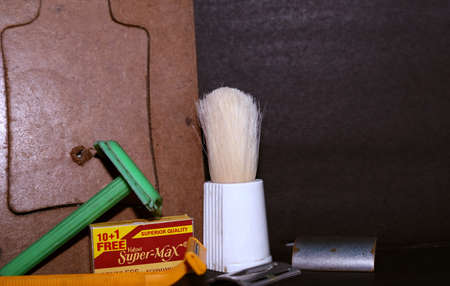 Barber shop equipment on table. Professional hairdressing tools.