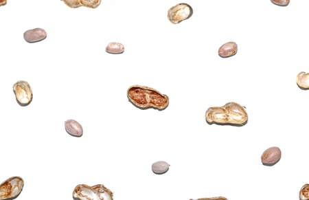 Top view of Peanuts hulls nut shell and peeled peanuts isolated on white backgrounds