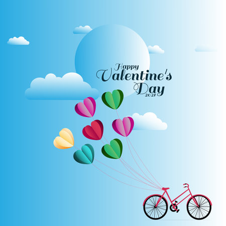 illustration of love and valentines day, bicycle with heart balloon, blue sky and clouds backgroundのイラスト素材