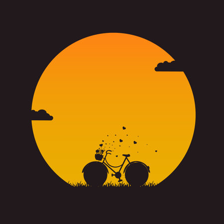 Silhouette of Valentineâs Day background flying with heart from bicycle basketsのイラスト素材