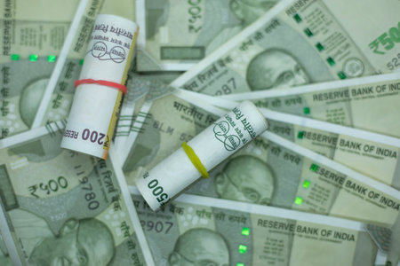 Rolls of 500 and 200 Indian rupee money banknote, Indian Currency Rupees.