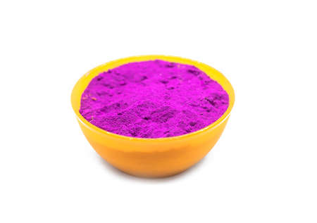 colorful traditional holi powder in bowls isolated on white background. Space for textの写真素材