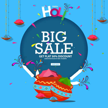 Off Holi Background Festival Sale with Creative Colorful Text Big Sale 50% off discount on the header or banner design.のイラスト素材